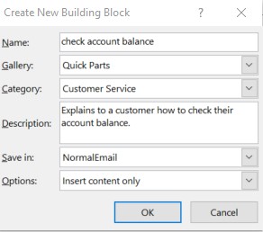 create new building block dialog box in Outlook